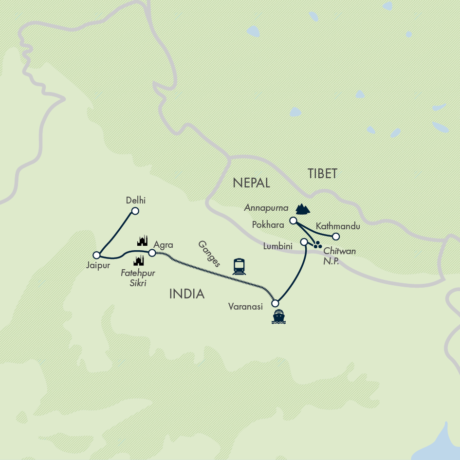 Highlights of Northern India & Nepal Itinerary Map