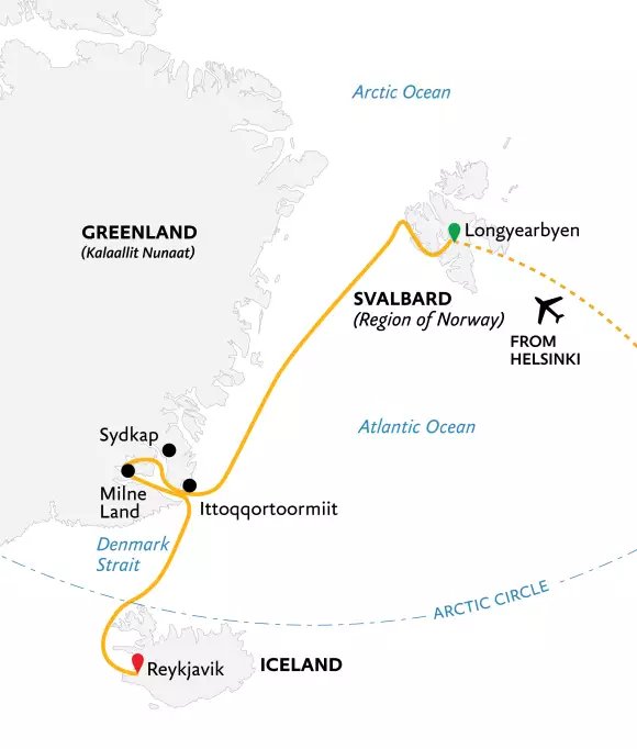 Three Arctic Islands: Iceland, Greenland, Spitsbergen Itinerary Map